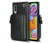 For Samsung Galaxy A90 5G Case with Lanyard Zipper Wallet Cover - Black