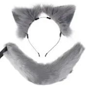 Fox Ears and Tail Set Faux Fur Cat Ears Headband Long Furry Fox Tail befXd