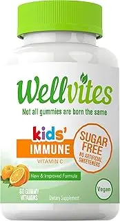 Wellvites Kids Immune Daily Sugar Free, Vegan Gummy Vitamin: Vitamin C - Sweetener Free, Gluten Free, Gelatin Free and Non-GMO, 60 Count (30 Day Supply)