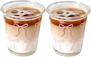 yaocoral Set of 2 12 OZ French Drinking Glasses Bow Glass Coffee Cup Tea Cup Cute Glass Cups for Iced Tea,Juice,Coffee,Milk,Dessert,Stackable Glassware Drinkware Set (pink bow)