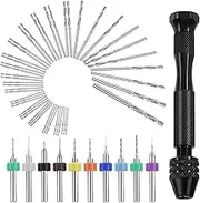 Swpeet 57 Pieces Hand Drill Bits Set Include Pin Vise Hand Drill, 46 Pieces Twist Drills and 10 Pieces Mini Drills Assortment Kit, PCB Woodworking Hand Mini Drill for Resin Walnut (0.1-1mm Color Bits)