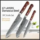 Chef Santoku Utility Knife Set 67 Layers Damascus Steel Wood Handle Hammered Cut
