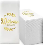 KMAKII 50 Pack Gold Disposable Cloth Like Napkins Linen-Feel Guest Towels White Paper Hand Towels Hand Napkins For Bathroom,Weddings, Parties,Dinners Size 12 X 17 Inches