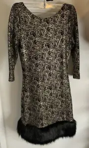 AX Paris Dress NWT Sz 4 Rose Gold Metallic With Faux Fur Trim