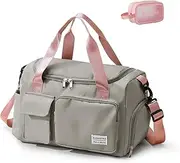 Gym Bag, Waterproof Travel Duffle Bag Carry On Weekender Bag with Shoe Compartment & Wet Pocket, Overnight Bag Weekender Bag Training Handbag Yoga Bag (Grey)