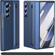 for Samsung Galaxy Z Fold 5 Case with S Pen Holder, [with Tempered Glass Screen Protector], Samsung Galaxy Z Fold5 Leather Case with Hinge Protection Blue