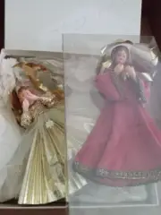 Vintage Two Angels Christmas Tree Topper w/ Face & Hands Velvet and Lace Wings