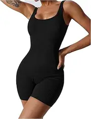 [Asskdan] Yoga Ribbed One Piece Square Neck Tank Tops Exercise Workout Short Jumpsuit Rompers