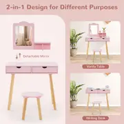 Giantex 2-in-1 Kids Vanity Table & Stool Set Makeup Dressing Table Princess Pretend Playset w/Removable Mirror & Drawer Pink