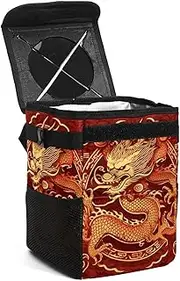Car Trash Can with Lid,Bag Hanging Storage Pockets Leak-Proof,Portable Garbage Bin,Chinese Gold Texture Dragons