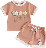 [Gaono] Toddler Baby Girl Summer Clothes Waffle Knit Outfit Floral Short Sleeve Tshirt And Shorts Set Cute Boho Baby Clothes