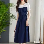 【MSMORE】凱特風拼接抽繩收腰顯瘦假兩件洋裝#112869現貨+預購(寶藍)