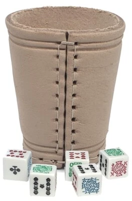 16mm White Poker Dice Clubs Ace w/Pouch + Real Leather Compact Dice Cup Natural