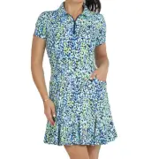IBKUL Women's Short Sleeve Godet Dress - Naomi Print - Navy/Lime XS