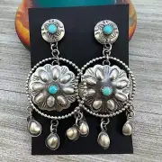 Long Dangle Concho earrings #3, sterling silver turquoise Gabrielle Yazzie sign