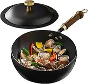 Non Stick Pots - Kitchen Cookware with Lids | Iron Oven Safe Cooking Tools | Cooking Pans Set | Kitchen Supplies Chinese Wok with Wooden Handle for Stock Seafood Soup Apartment, Restaurant