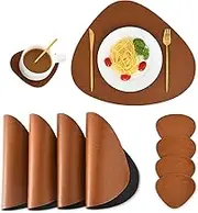 SUBEKYU Faux Leather Placemats and Coasters Set, Washable Table Mat, Waterproof Coffee Mats, Heat-Resistant Place Mat for Kitchen Dining Table (4 piece Brown set)