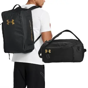 【UNDER ARMOUR】健身包 Contain Duo SM 黑 金 防潑水 15吋 雙肩包 旅行袋 筆電包 手提包 UA(1381920001)