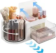 Moikiwi Desk Organizer, 360-Degree Rotating Pen Holder for Desk, Desk Organizers and Accessories with 6 Compartments Pencil Organizer, Art Supply Storage Box Caddy for Office, Home (White+Lid)