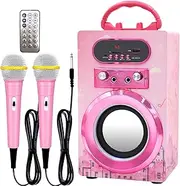 IndeCool Kids Bluetooth Karaoke Machine with 2 Microphones, Remote Control Wireless Karaoke Speaker Portable Karaoke Machine Music MP3 Player for Kids Adult Party Gift (Pink)