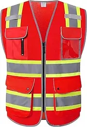 HATAUNKI Retro-Reflection Red Mesh Safety Vests With 9 Pockets and Front Zipper ANSI/ISEA 107-2015 (Red-04, Small)