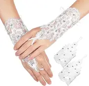 [Healeved] Bridal Gloves Women Short Lace Flower Mesh Embroidery Rhinestones Fingerless Gloves Wedding