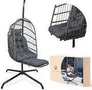 coco chair Hanging Egg Chair with Stand & Leg Rest | Egg Chair Outdoor with Included Pillow | Swinging Chair for Outdoor and Indoor | Foldable Egg Chair | Perfect Swing Chair for Summer | Dark Gray