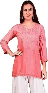 [ladyline] Lucknowi Hand Embroidered Tunic Top Rayon Womens Chikankari Short Kurti Hip Length