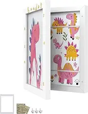 SONGMICS FPF052W01 A4 22 x 28 cm Children's Awards Box for up to 150 Drawings MDF Glass Mount Sticker Traceless Wall Hooks 34.5 x 25.5 cm Matte White