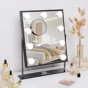 FENCHILIN Make-up Mirror with Lighting 9 Dimmable Lamps Hollywood Mirror with Lighting LED Lamps 360° Makeup Mirror with Light 3 Light Colours 10x Magnification Black 25 x 30 cm
