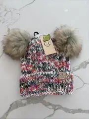NWT KIDS CHUNKY KNIT RIBBED POM POM FUR C.C BEANIE HAT