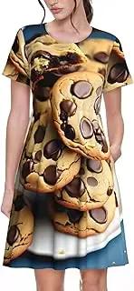 [JEJEA] Cookies Food Chocolate Chips Biscuits Print Women Summer Casual Short Sleeve Crewneck Aline Swing Flowy Shirt Beach Dress 2025
