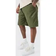 Mens Khaki Plus Elasticated Waist Asymmetric Zip Shorts