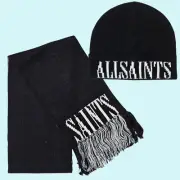 All Saints Hat & Scarf Set Black White Wool Blend Beanie Fringe Streetwear