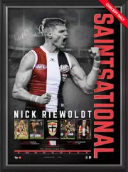 NICK RIEWOLDT SAINTSATIONAL CAREER HAND SIGNED FRAMED PRINT ST KILDA HARVEY