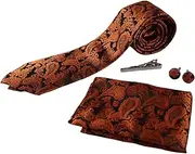 [Zasel] Mens Orange & Black Boho Paisley Matching Neck Tie, Pocket Square, Cuff Links And Tie Clip Set Orange, Black
