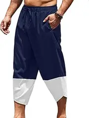 [Generic] Men's Casual Beach Yoga Hippie Pant Linen Harem Capri Pants Comfort Men Drawstring Lightweight Loose 3/4 Capris Trousers