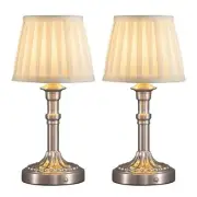 Cordless Portables Table Lamp Set of 2, LED Nickel + White Lampshde (2 Pack)