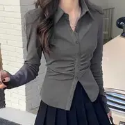 Long-Sleeve Plain Ruched Button-Up Slim Fit Shirt / High Rise Pleated Mini A-Line Skirt Shirt - Dark Gray - M
