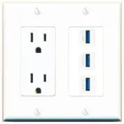 3 Port Power Outlet Cover Plug Jack UL 2 Gang 3 USB-3 Wall Plate