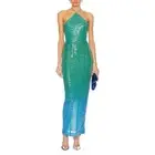 NWT Sau Lee Jasmin Sequin Halter Green Blue Ombre Maxi Dress US 10