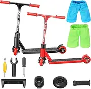 22 Pcs Mini Finger Scooter Toy Set - 2 Sets With Accessories, Finger Pants, Tools, Alloy Board - Interactive Toys for Skateboarder (Red, Black)