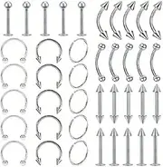 [GBJUK] 40 x Mixed Selection of Piercing Jewellery Including Labrets Nose Rings Horseshoes Eyebrow Rings and Barbells, Mixed, Metal, 0