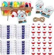 Wonderjune 48 Sets 48 Sets Fishing Party Favors Candy Little Tackle Boxes with 48 Red White Floater 48 Thank You Cards for Making My Reel Fun Fishing Theme Party Decorations