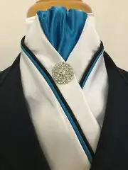 HHD White Satin Pretied Stock Tie Aqua and Black
