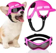 SHENMAIDAY Dog Helmet and Goggles, cat and Dog Sunglasses with UV Protection, pet Motorcycle Helmet, Adjustable Helmet with Ear Holes, Dog Hard hat Set for Small Medium Large Dogs (Pink, S)