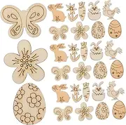 Kisangel 100PCS Unfinished Wood Craft Cutouts Rabbit Egg Hen Flower Grass Butterfly Shapes for Unique Spring Decorations and Festive Party Ornaments