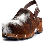 [XOBZJH] Women's Luxury Natural Cowhide Hair Platform Clogs – Western Retro Slip-On Mules with Zipper and Adjustable Buckle Strap – Handmade Rustic Cow Bone Back Hair Shoes with Arch Support
