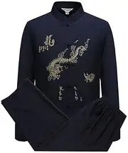YUANZHOU Chinese Tai Chi Suit Tang Suit Men Traditional Clothing Hanfu Embroidered Sleeve Tops and pants,Buckle,Stand Collar,Embroidery,Black-43