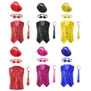 Kids Boys Glittery Sequins Vest with Hat Bowtie for Jazz Dance Stage Performance